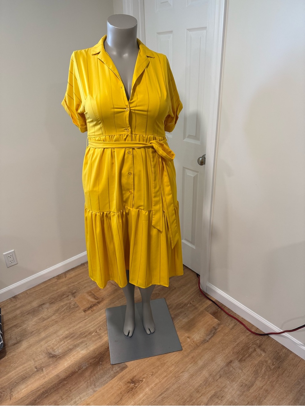 Tahari Bright Yellow Belted Midi Shirt Dress Size 14 - Picture 6 of 8